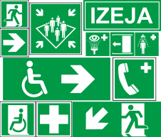 Parastās luminiscējošas luminiscējošas evakuācijas un pirmās palīdzības uzlīmes un zīmes